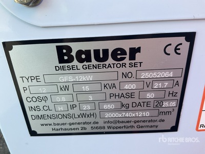 2025 Bauer GFS-12 ATS 12 kW/ 15 kVa Generator Set (Unused)