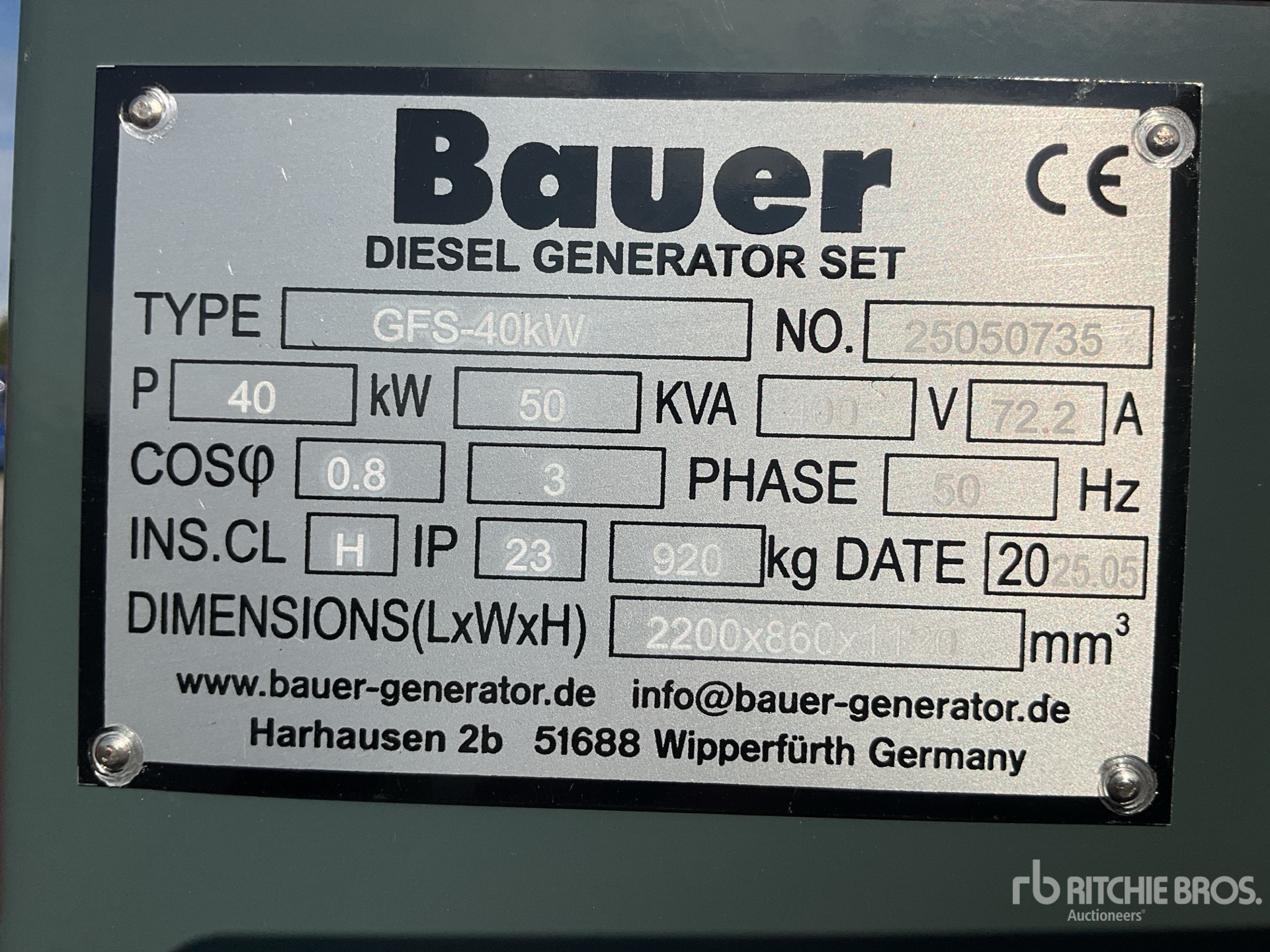 2025 Bauer GFS-40 ATS 24 kW / 30 kVA Generator (Unused)