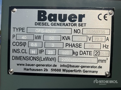 2025 Bauer GFS-40 ATS 24 kW / 30 kVA Generator (Unused)