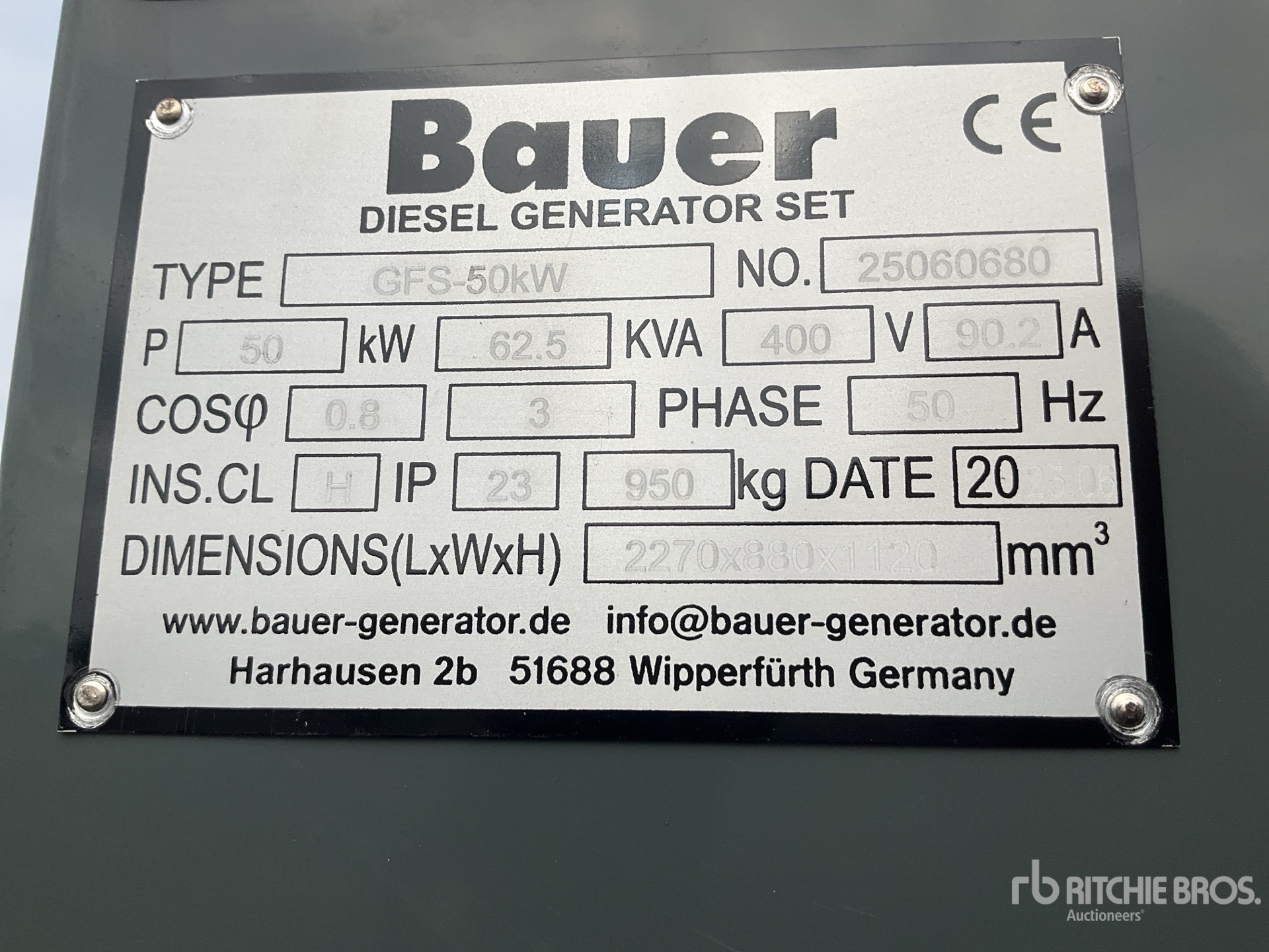 2025 Bauer GFS 50 ATS 50 kW / 62,5 kVA Generator (Unused)