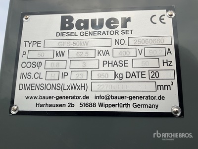 2025 Bauer GFS 50 ATS 50 kW / 62,5 kVA Generator (Unused)