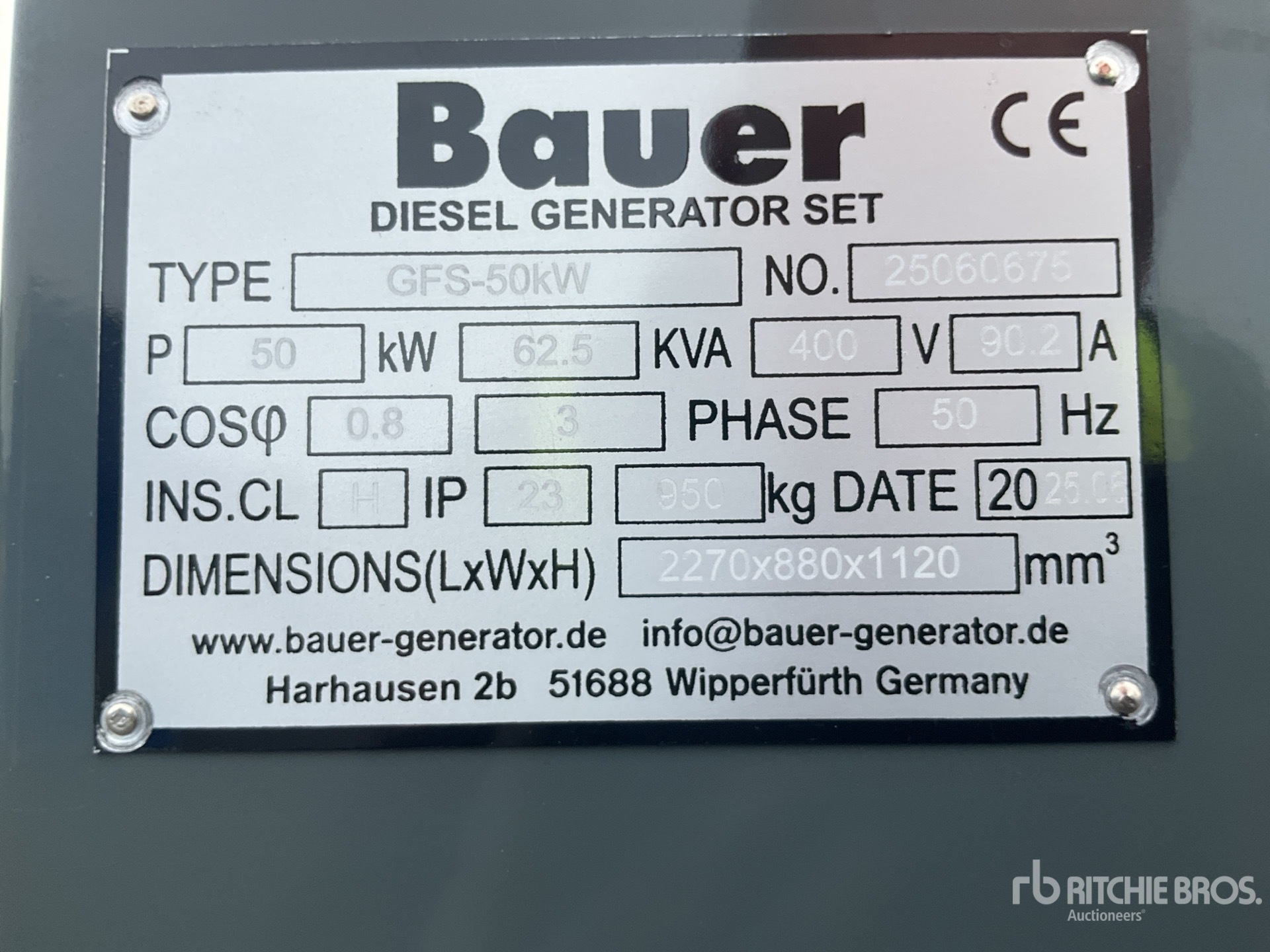 2025 Bauer GFS 50 ATS 50 kW / 62,5 kVA Generator (Unused)