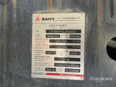 2020 Sany STC500 50 ton 8x4x4 Grue hydraulique sur camion