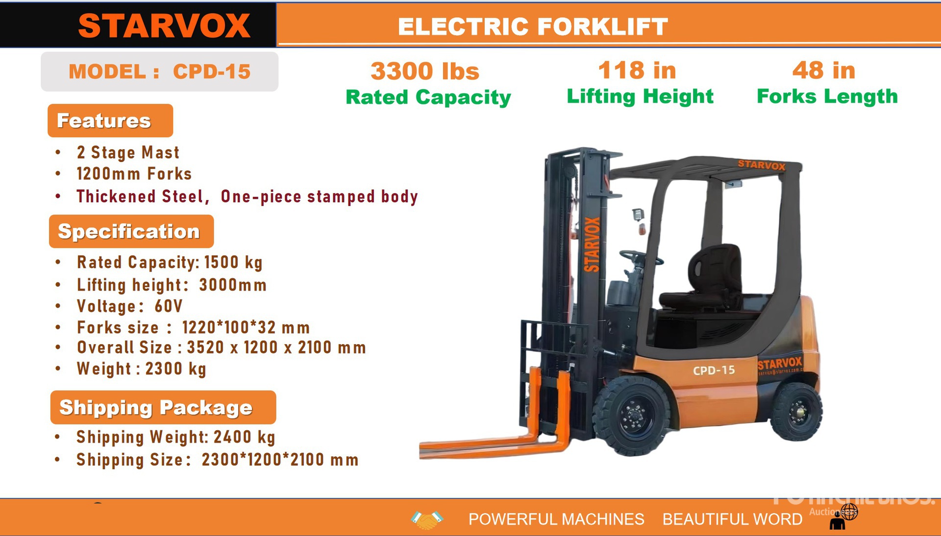 2025 STARVOX CPD-15 3300 lb Electric Forklift (Unused)