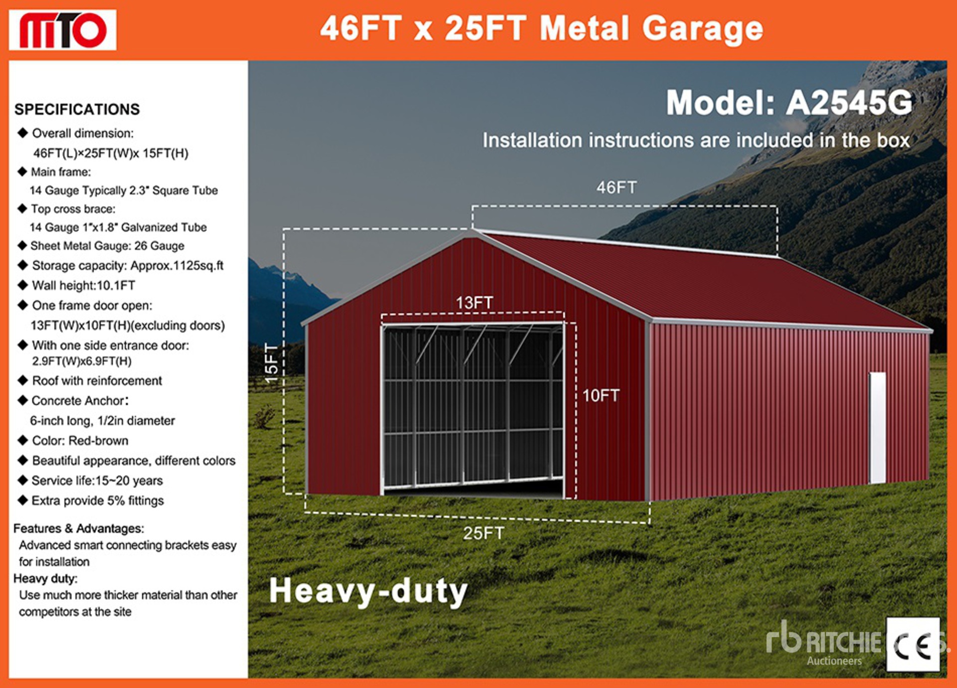 2025 MTO A2545G 45 ft x 25 ft Metal Garage 貯蔵庫 (Unused)