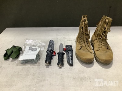 (1) Pair of Men's Boots, (10) Webbing Straps, (12) Knives & Assorted Items