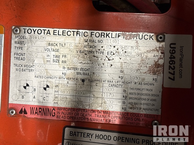 MONTACARGAS ELéCTRICO 2004 TOYOTA 7FBEU18