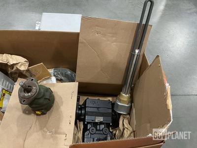 (2) Immersion Heaters, (1) Hydraulic Meter, (1) Compressor & Assorted Items