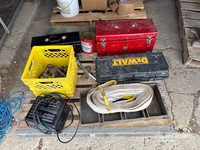 Tool Box, Tow Rope, Clevis, Dewalt Saw, Battery Charger