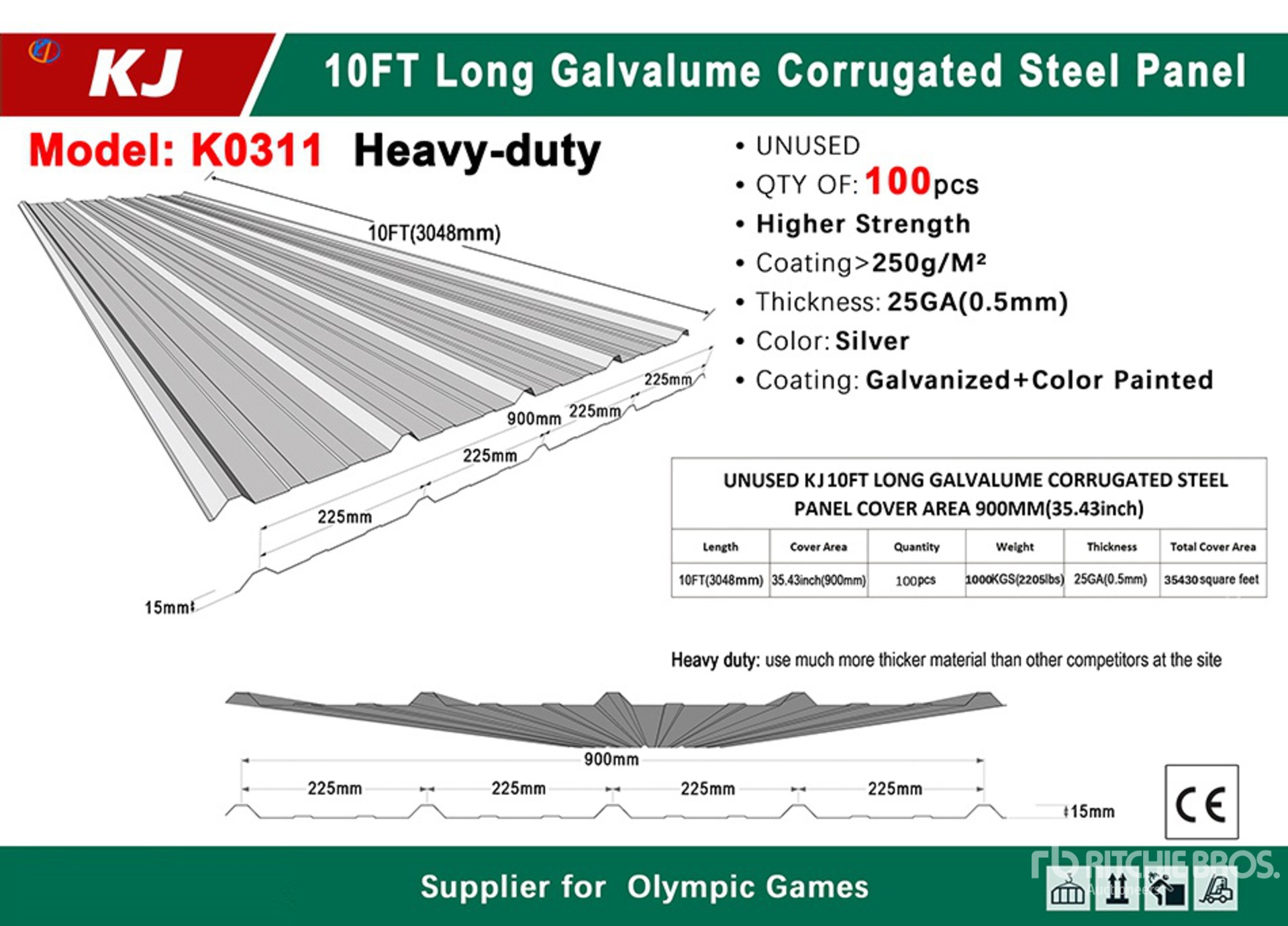 Quantity of (100) 2025 KJ K0311 35 in x 10 ft Galvalume Corrugated Steel Sheets Steel Plates (Unused)
