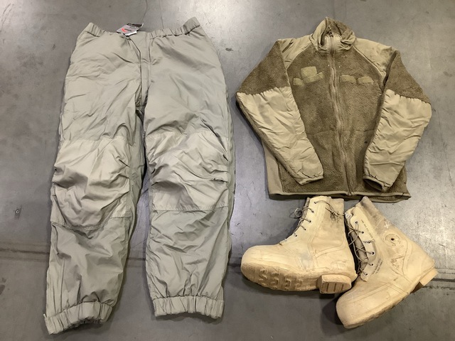(7) Pairs of Extreme Cold Weather Boots, (8) Pairs of Trousers & Assorted Items