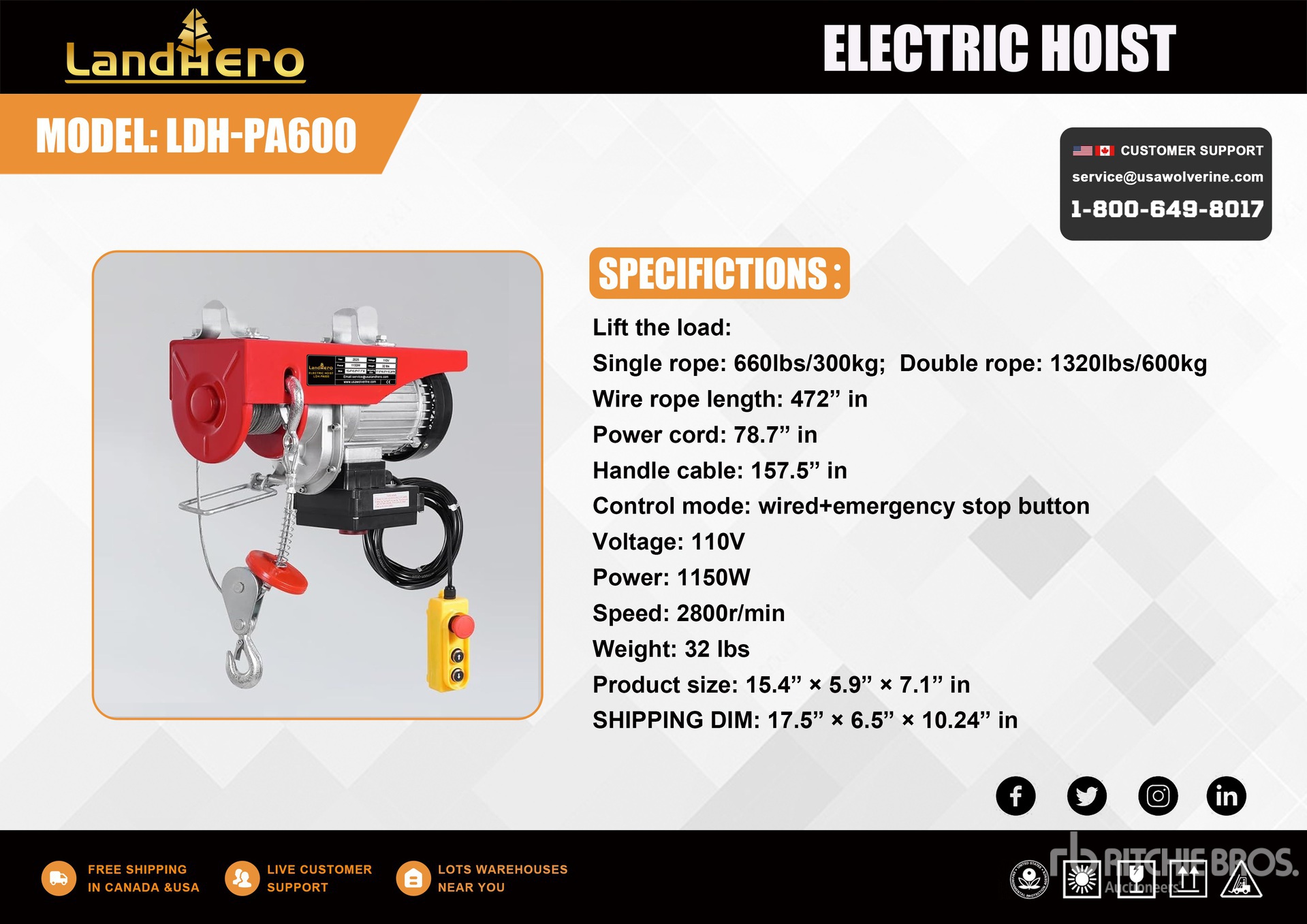 2025 Landhero LDH-PA600 Electric Hoist (Unused)