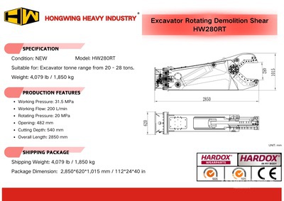 2025 HW HW280RT Demolition Shear - Fits Excavator 20 / 28 ton (Unused)