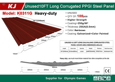 Quantity of (100) 2025 KJ K0311G 35 in x 10 ft Corrugated PPGI Steel Panels Stahlplatten (Unused)