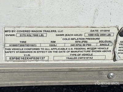 2017 Covered Wagon CW7X16TA2 18 ft T/A Enclosed Trailer