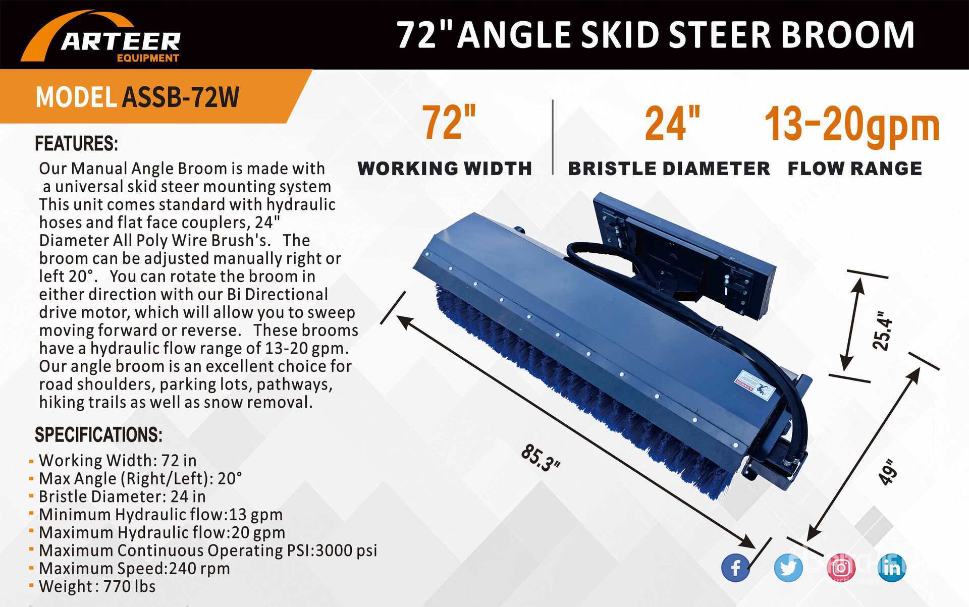 2025 ARTEER ASSB-72W 72 in Skid Steer Broom (Unused)