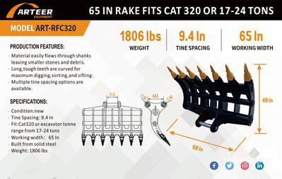 2025 ARTEER ART-RFC320 65 in Râteau de pelleteuse - Fits Cat 320 / 17 - 24 ton (Unused)