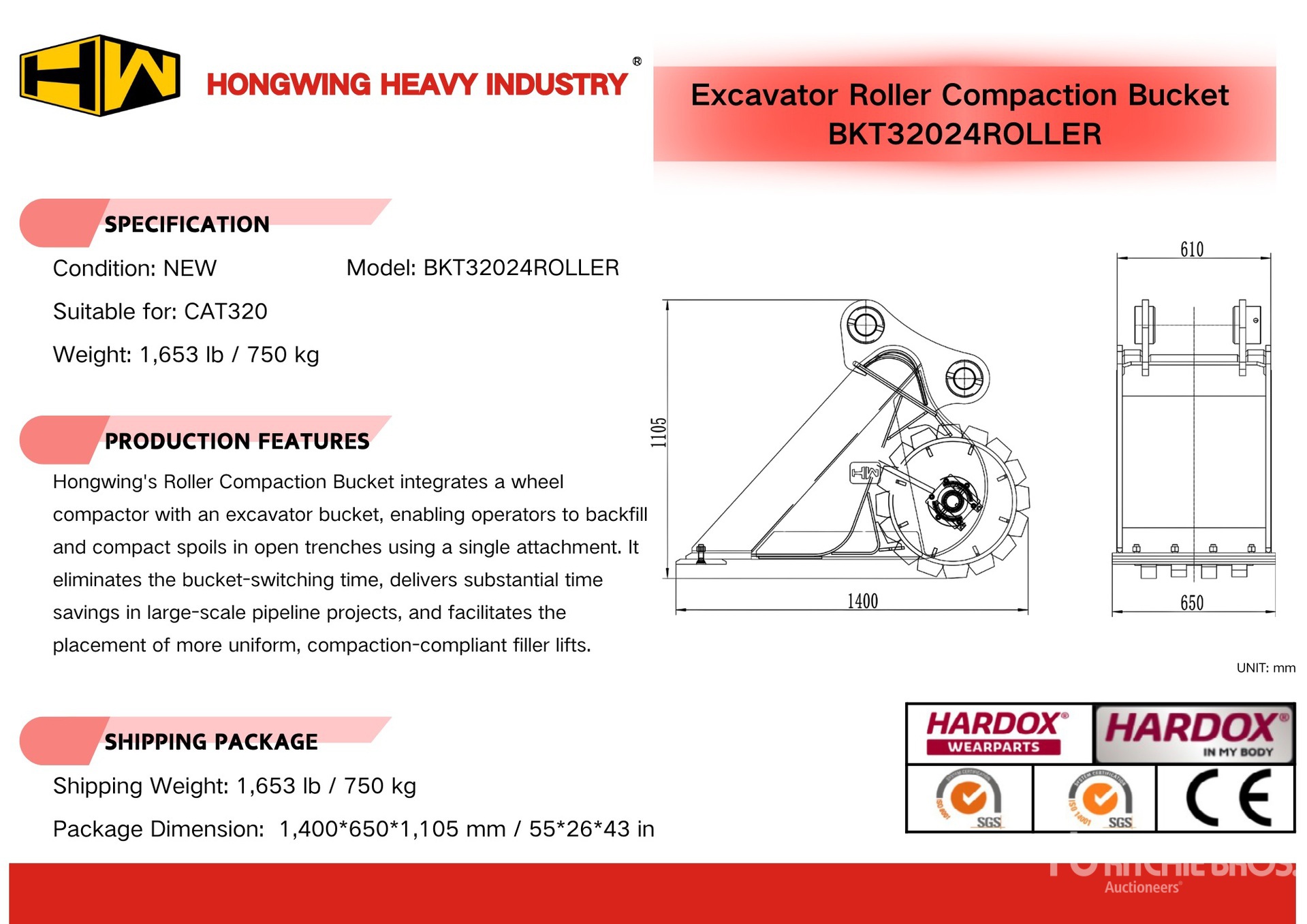 2025 HW BKT32024ROLLER 24 in Combination Compaction / Digging Godet d'excavatrice - Fits Cat 320 (Unused)