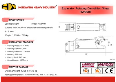 2025 HW HW80RT Rotating Tijera hidráulica - Fits Cat 307 / 6 - 9 ton (Unused)