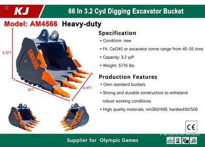 2025 KJ AM4566 66 in 3.2 cyd Digging Cazo para excavadora - Fits Cat 345 / 40 - 55 ton (Unused)