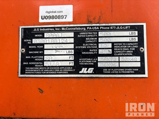 ELEVADOR ARTICULADO 2014 JLG 4WD 800AJ