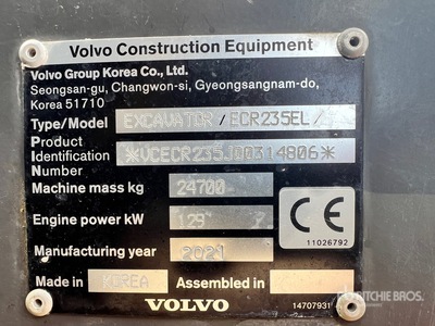 2021 Volvo ECR235EL Tracked Excavator