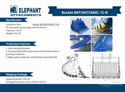 2025 Elephant BKT34572SKEL 72-N 72 in 3.6 cyd Skeleton Cazo para excavadora - Fits 40 - 55 ton (Unused)