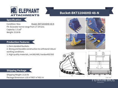 2025 Elephant BKT32048HD 48-N 48 in Digging Excavator Bucket - Fits Cat 320 / 17 - 24 ton (Unused)