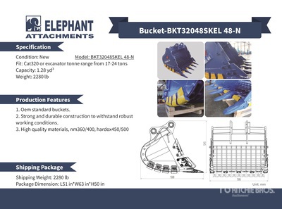 2025 Elephant BKT32048SKEL 48-N 48 in 1.3 cyd Skeleton Excavator Bucket - Fits Cat 320 / 17 - 24 ton (Unused)
