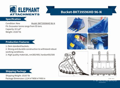 2025 Elephant BKT39596HD 96-N 96 in 8.5 cyd Digging Cazo para excavadora - Fits 95 ton (Unused)