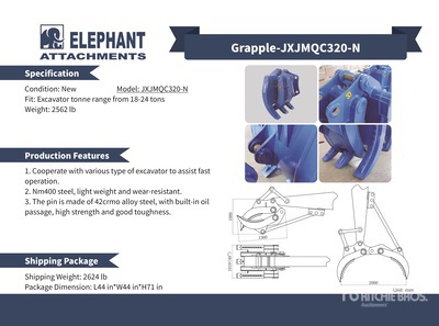 2025 Elephant JXJMQC320-N Graafmachine Grijper - Fits Excavator 18 - 24 ton (Unused)