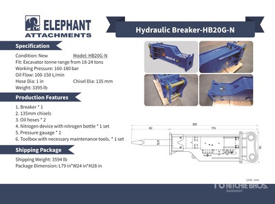 2025 Elephant HB20G-N Hydraulic Breaker - Fits Excavator 18 - 24 ton (Unused)