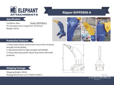 2025 Elephant RIPPER08-A Excavator Ripper - Fits Excavator 18 - 26 ton (Unused)