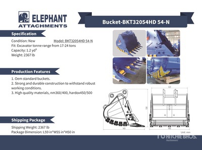 2025 Elephant BKT32054HD 54-N 54 in 1.2 cyd Digging Excavator Bucket - Fits Cat 320 / 17 - 24 ton (Unused)