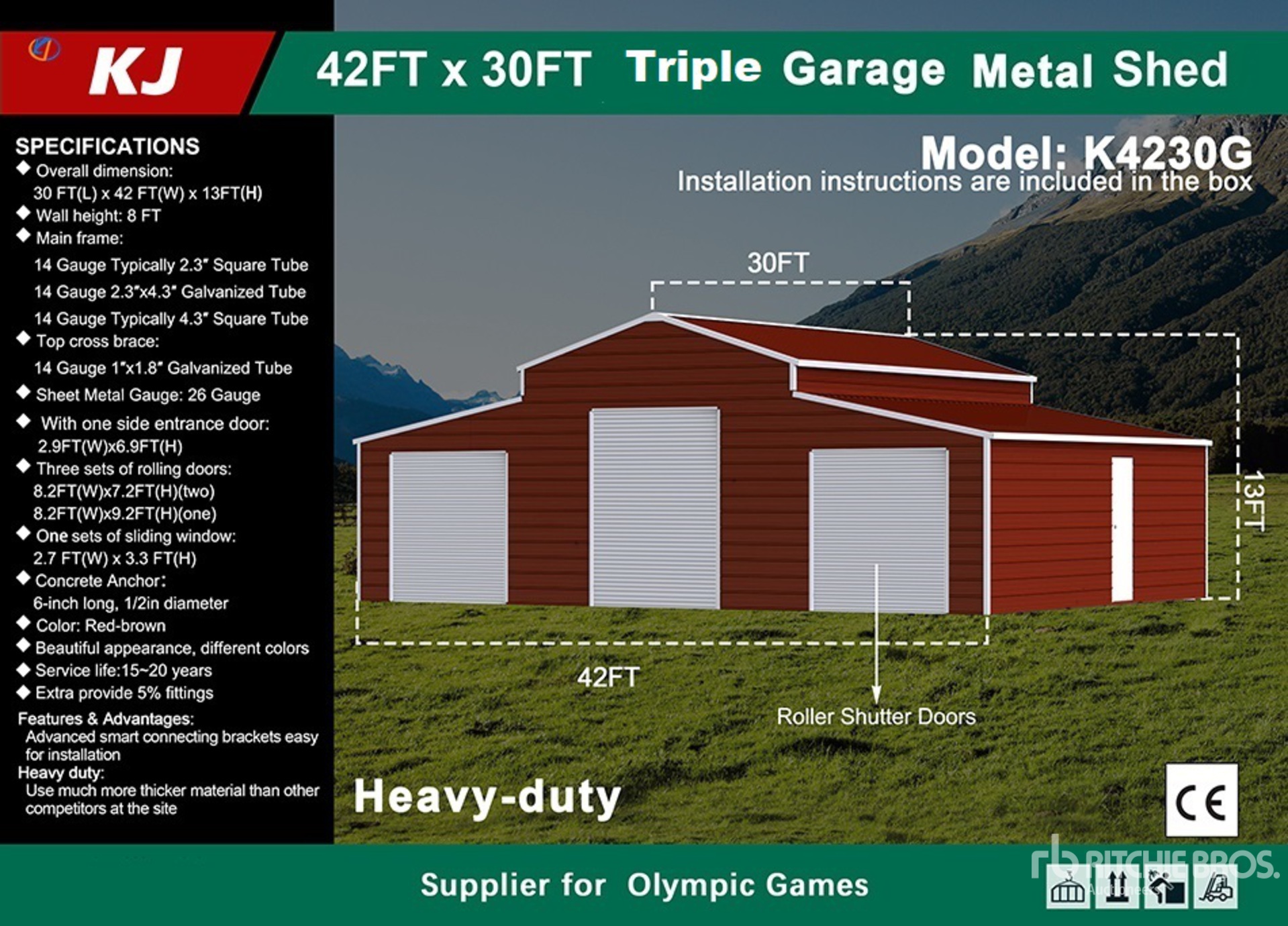 2026 KJ K4230G 42 ft x 30 ft Triple Garage Metal 倉庫 (Unused)