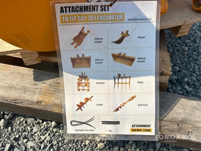 Quantity of (8) 2025 Mini Excavator Attachments - Fits Cat 301 (Unused)