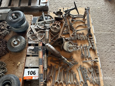 Quantity of Antique Wrench, Pulleys & Grease Gun