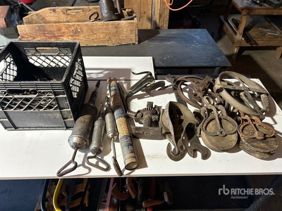 Quantity of Antique Wrench, Pulleys & Grease Gun