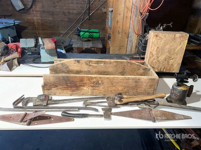 Quantity of Antique Pipe Wrench, Hatchet & Tool Box