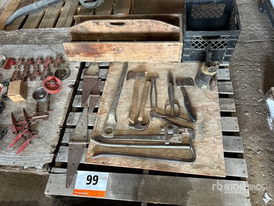 Quantity of Antique Pipe Wrench, Hatchet & Tool Box