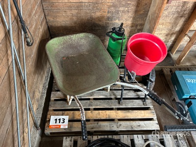 Wheel Barrow, Fertilizer Spreader, 3 gal Sprayer