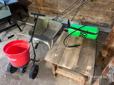 Wheel Barrow, Fertilizer Spreader, 3 gal Sprayer