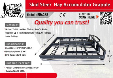 2025 Raytree RMAG88 Skid Steer Hay Accumulator Grapple (Unused)
