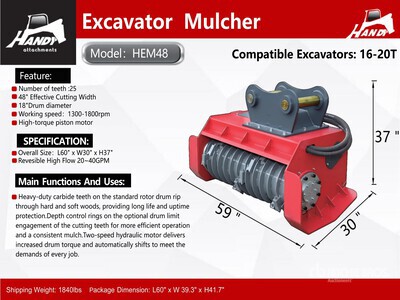 2025 Handy HEM48 48 in Excavator Mulcher - Fits Cat 320 (Unused)
