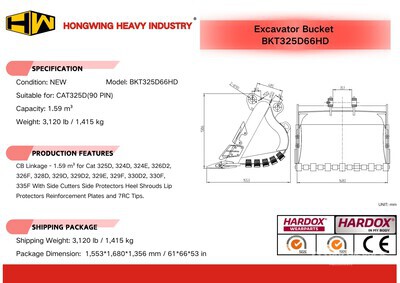 2025 HW BKT325D66HD 66 in 1.59 m3 Heavy Duty Digging Excavator Bucket - Fits Cat 325D (Unused)