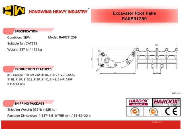 2025 HW RAKE31259 59 in Excavator Rake - Fits Cat 312 (Unused ...
