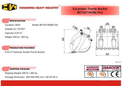 2025 HW BKT30736DBLTHUM 36 in 0.33 m3 Hydraulic Thumb Digging Graafmachine Bak - Fits Cat 307 (Unused)