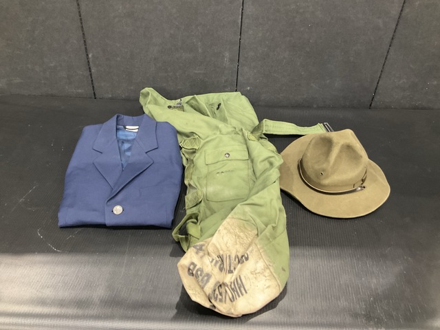 (3) Service Hats, (9) Duffel Bags, (31) Men's Coats & Assorted Items