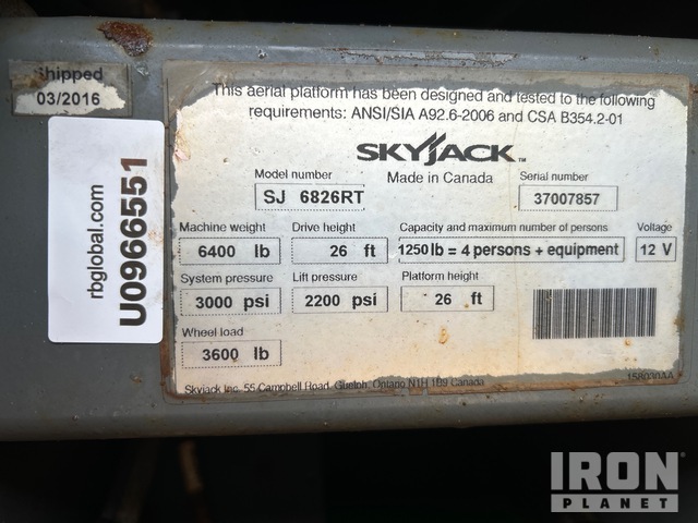 ELEVADOR TIJERA 2016 SKYJACK SJ6826RT