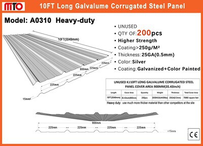Quantity of (200) 2026 MTO A0310 35 in x 10 ft Galvalume Corrugated Steel Panels (Unused)